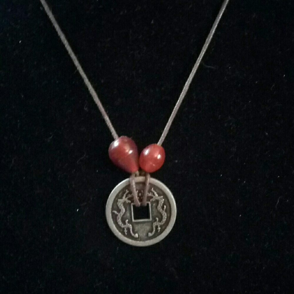Dragon Coin necklace with red beads